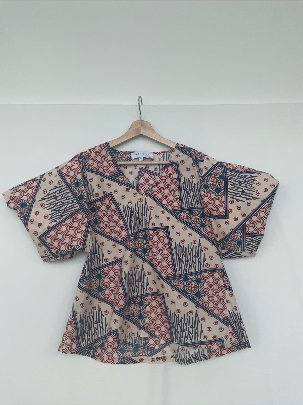 Buru Beige Printed V-Neck Short Sleeve Blouse